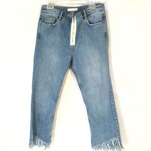 ZARA Trafaluo Denimwear Jeans Zipper Sexy Size 10 light Blue Denim Frayed Fringe